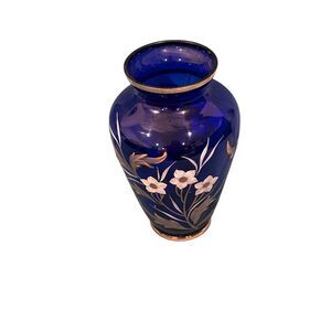 Vintage Bohemian Czech Cobalt Vase with Handpainted Gold Leaves Flowers